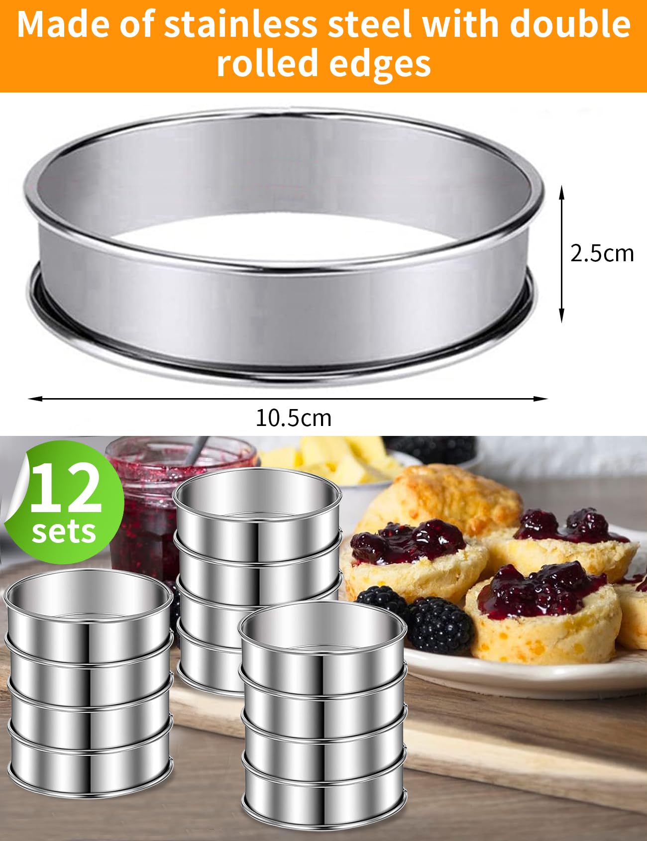 12 PCS English Muffin Rings, 4 inch Stainless Steel Crumpet Rings, Double Rolled Tart Rings for Baking Fluffy Muffins, Muffin Rings Round Muffin Tart Ring Molds for Home Baking Eggs Pancakes Pastry