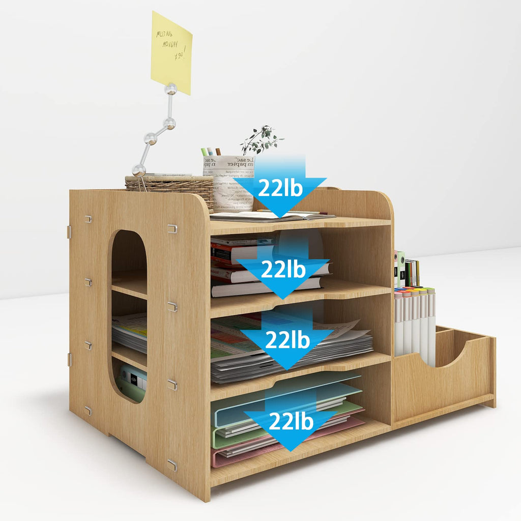 PUNCIA 4 Tier Wooden Desktop Organizer Letter A4 File Rack - Mail Sorter with Vertical & Horizontal File Holder, Tabletop Storage Box for Office Supplies Binders Folders Trays