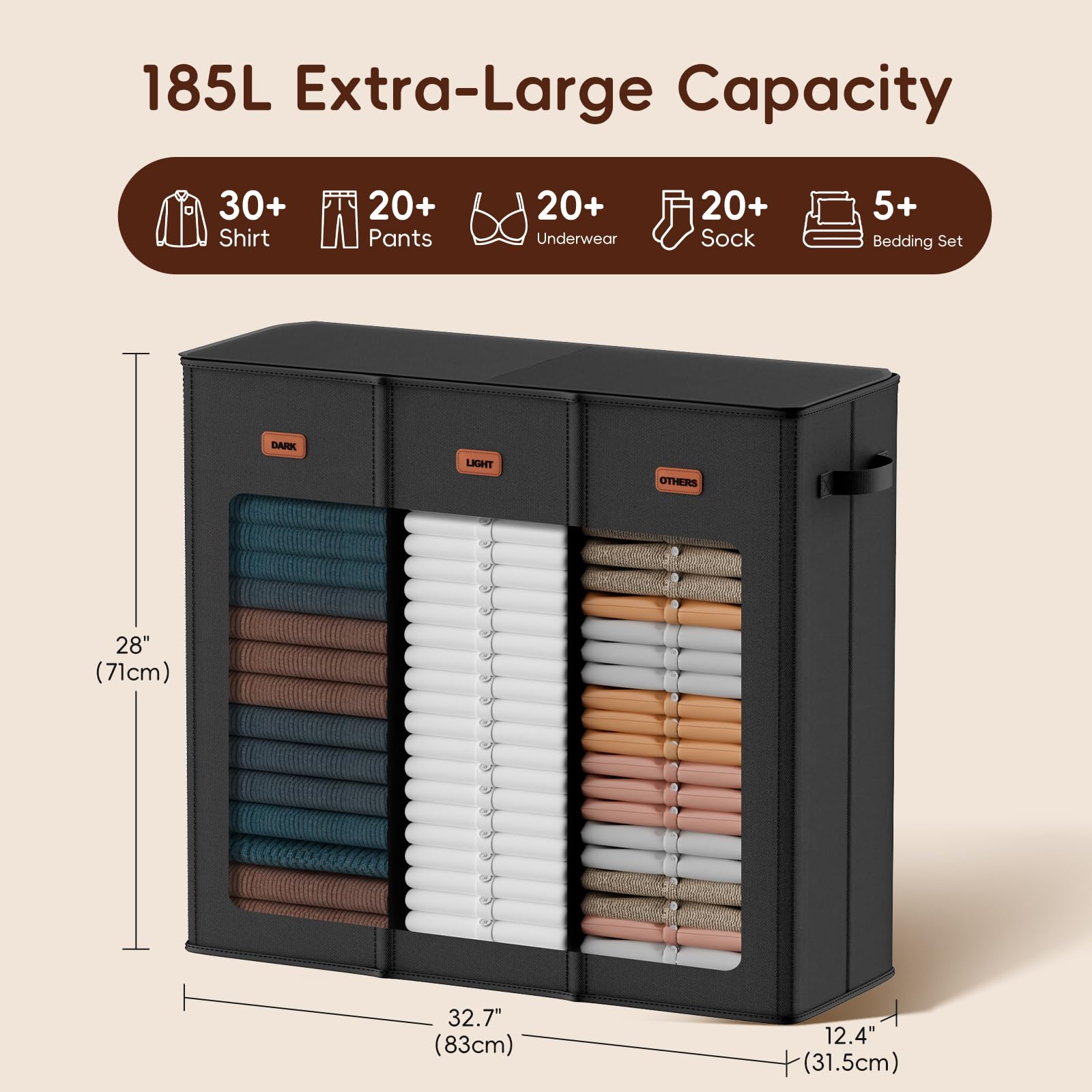 Vexalora 185L Laundry Hamper 3 Section, Laundry Hamper with Lid, Dirty Clothes Hamper with 3 Removable Washing Bags, Extra Large Laundry Basket Organizer for Bedroom, Laundry Room, Dorm - Black