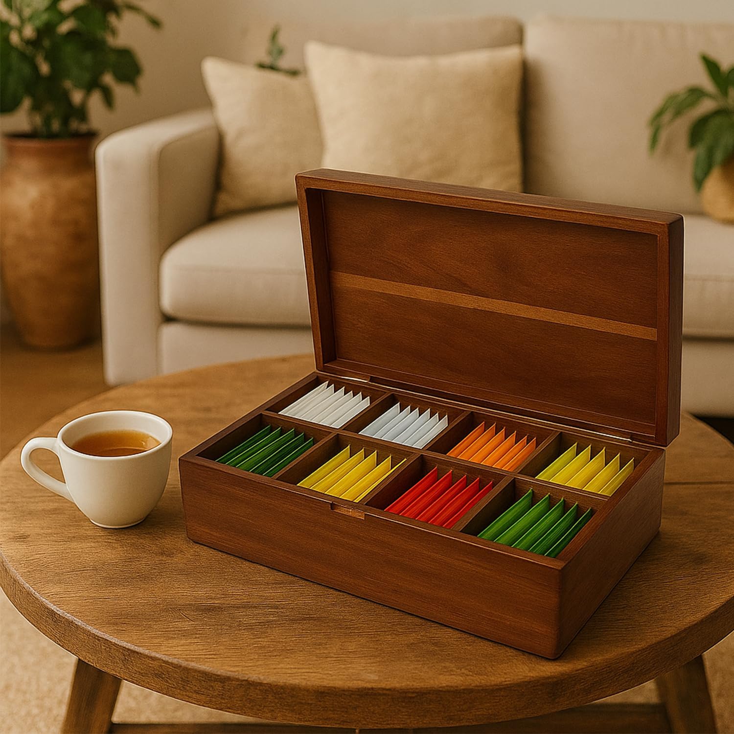 Acacia Wood Tea Bag Organizer, Tea Packet Caddy Storage Box, Teabag Holder Container with 8 Compartments, Organizador De Té Caja Para Te
