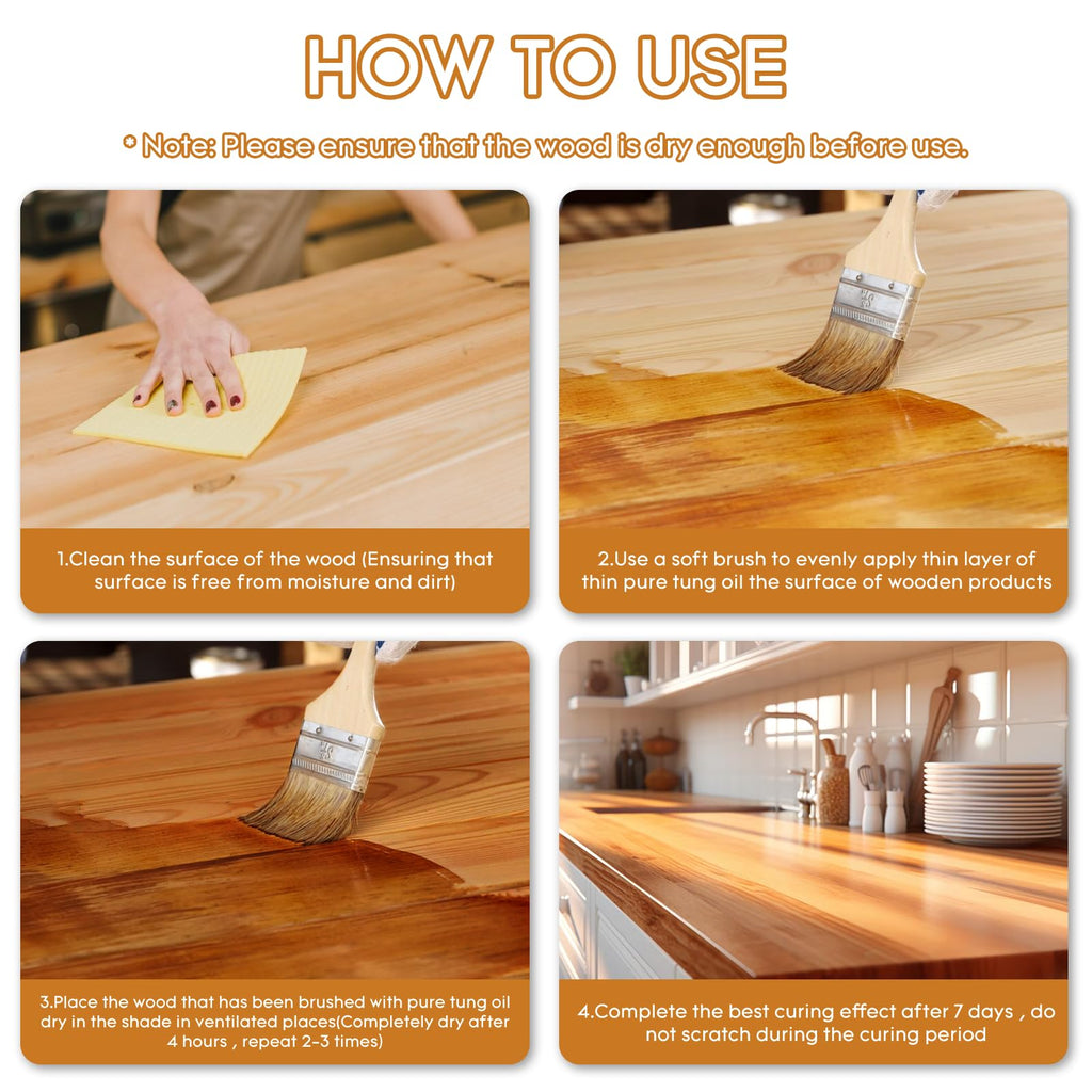 10 OZ Pure Tung Oil for Wood Outdoor/Indoor, Food Grade Sealer, Tung Oil Finish, Waterproof WoodOil for Furniture, Cutting Board, Teak, Floor — Food Safe, Indoor Use