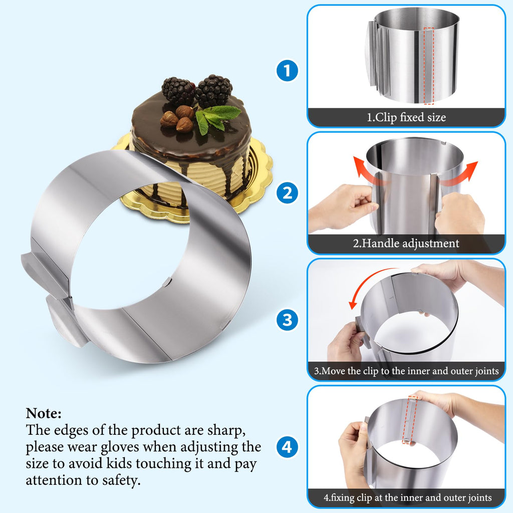 HOMEE Adjustable Stainless Steel Cake Ring 6 to 12 Inches, 6 inch High Stainless Steel Baking Rings, Round Cake Molds, Cake Mousse Mould with Precise Scaling Inside