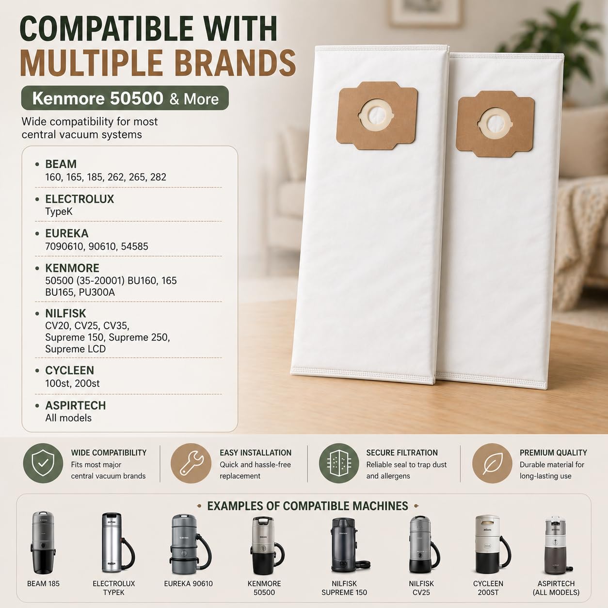8 Pack Central Vacuum Bags Replacement for Beam, Electrolux, Kenmore 50500, Eureka, Nilfisk, Husky, Mastercraft, Star-Brute Non-Woven Cloth Filter Bags for Central Vac Systems | Sac Aspirateur Central