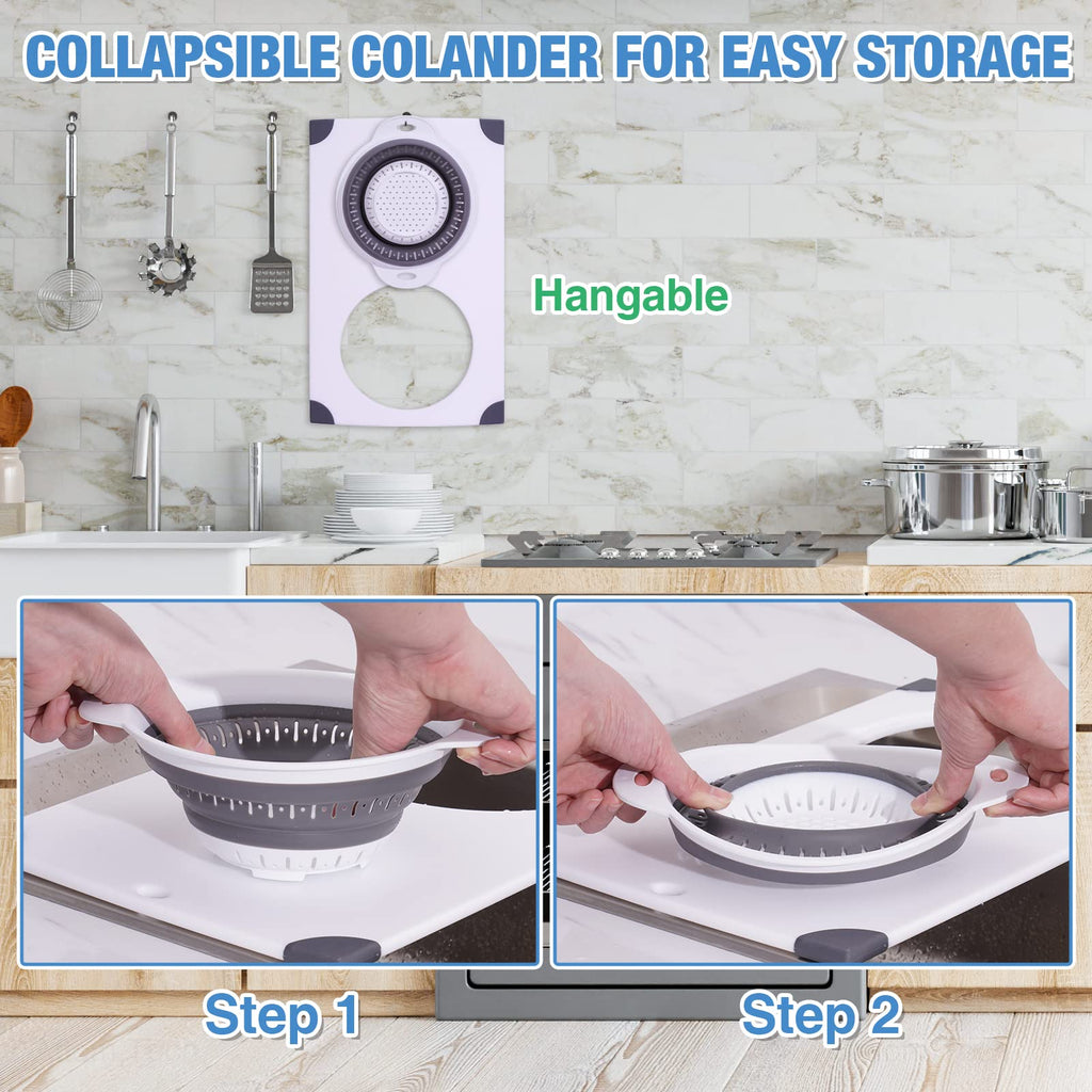 NiHome Over the Sink Cutting Board with Collapsible Colander, 2-In-1 Sink Drainer Board 11"x17.7" Anti-Slip Cutting Board and Detachable Draining Basket with Ergonomic Handle PP Plastic and TPR Rubber