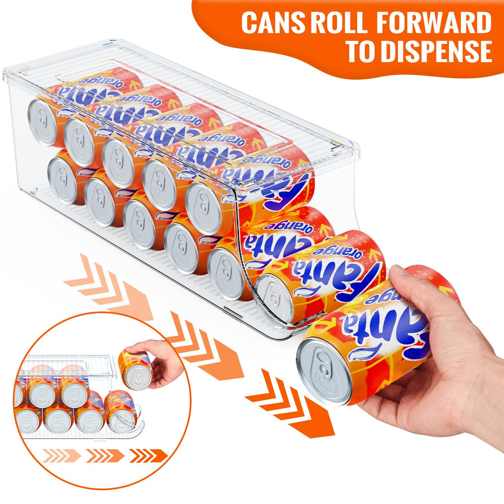 SCAVATA Soda Can Organizer for Refrigerator, Stackable Canned Food Pop Cans Container Can Holder Dispenser with Lid for Fridge Rack Freezer, Clear Storage Bins-Holds 12 Cans Each (2 Pack)