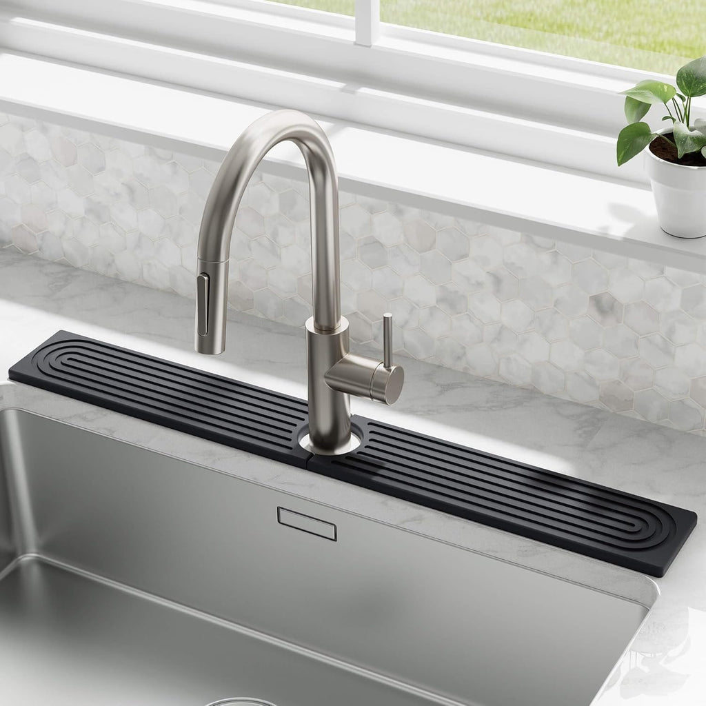 Oillase Faucet Mat for Kitchen Sink - Water Absorbing Stone Tray for Sink, Diatomite Fast-Drying Faucet Mat, Faucet Splash Guard for Bathroom Counter (Dark Gray, 30" x 4")