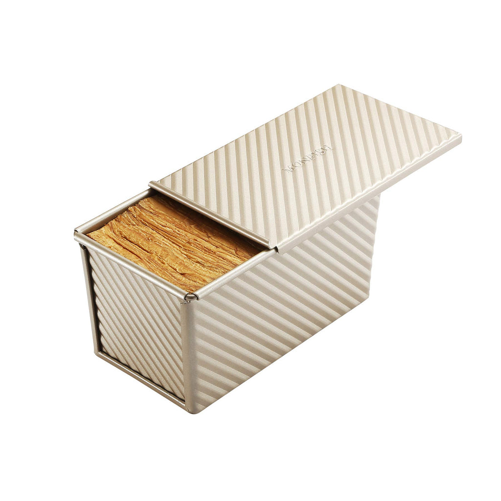 Monfish Pullman Loaf Pan w Cover Bread Toast Mold Non Stick Gold Aluminized Steel 8.5x4.75x4.375inch