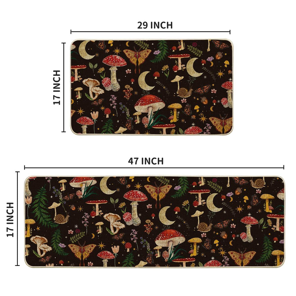 Artoid Mode Black Mushrooms Butterfly Spring Kitchen Mats Set of 2, Home Decor Low-Profile Kitchen Rugs for Floor - 17x29 and 17x47 Inch