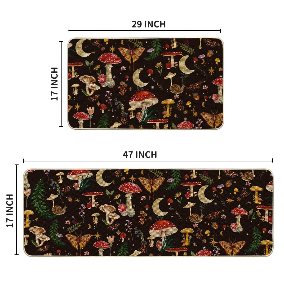Artoid Mode Black Mushrooms Butterfly Spring Kitchen Mats Set of 2, Home Decor Low-Profile Kitchen Rugs for Floor - 17x29 and 17x47 Inch