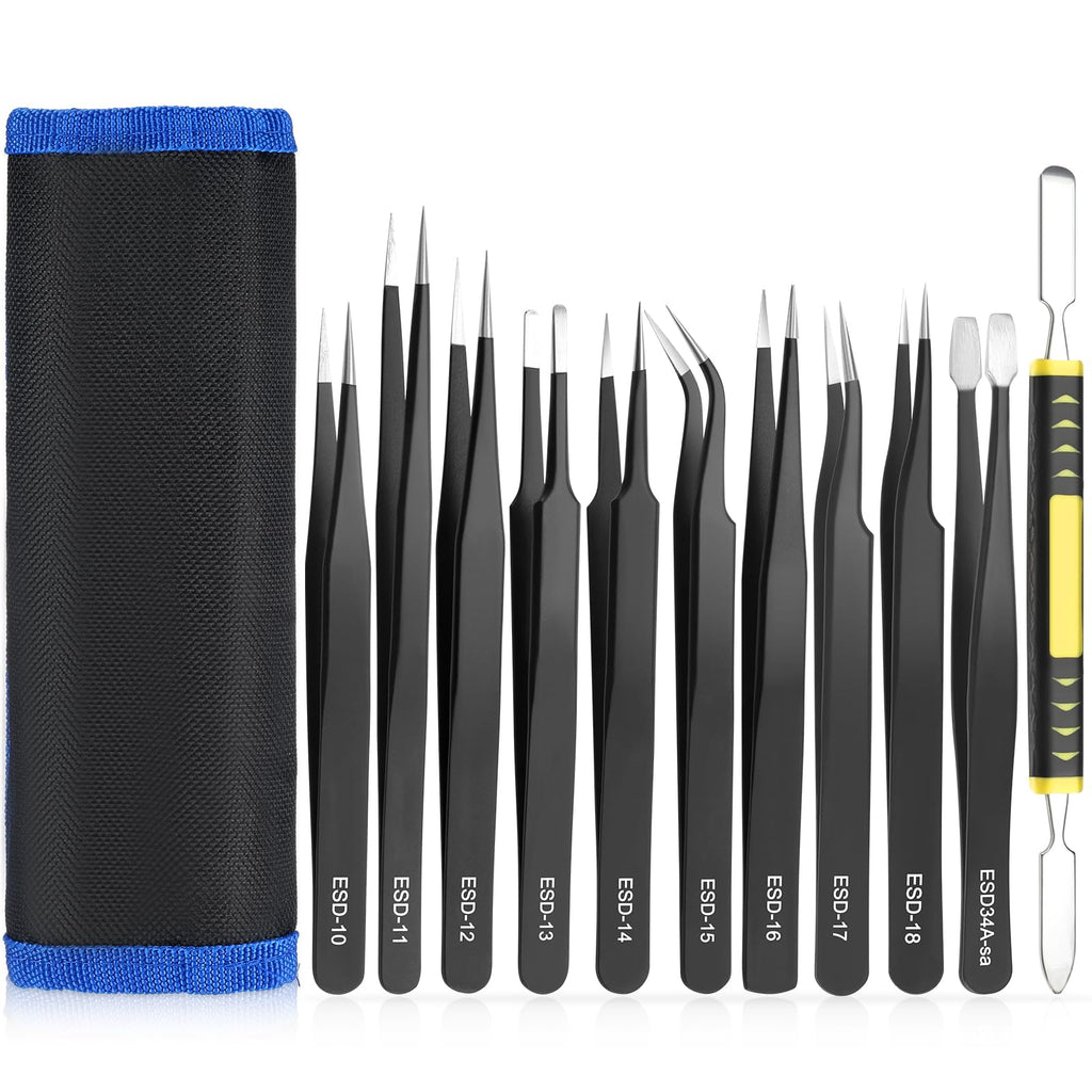 11 Pcs Precision Tweezers Set, ESD Anti-Static Tweezers Set, Stainless Steel Tweezers Kit Curved Tweezers for Electronics, Laboratory Work, Jewelry-Making, Craft, Soldering
