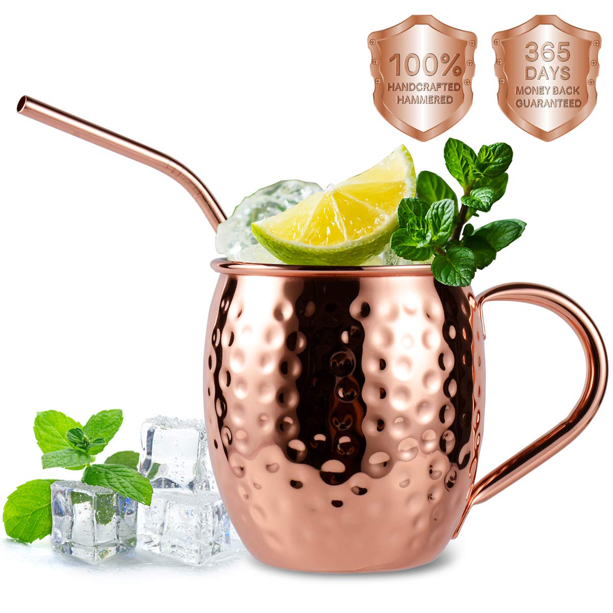 Eligara Moscow Mule Copper Mugs Set of 4, Handcrafted Food Safe Copper Cups for Moscow Mule Cocktail, 16 oz Gift Set with Bonus 1 Shot Glass 4 Straws and 4 Coasters (Classic - Cork Coaster - 4)