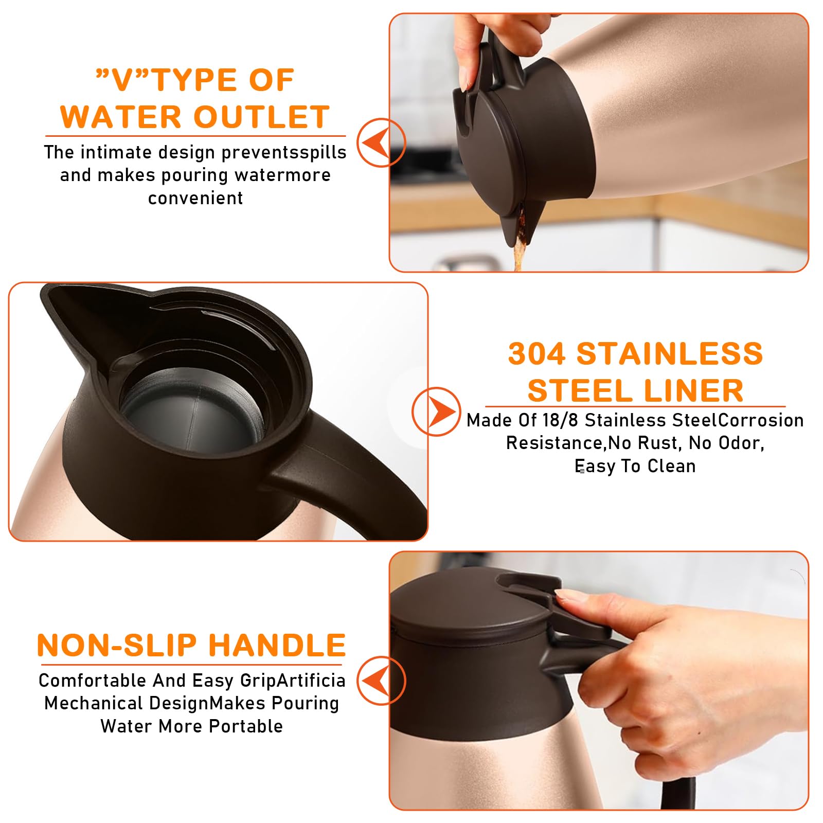 2 Pcs 68oz Stainless Steel Thermal Coffee Carafes, Double Walled Vacuum Carafe,Thermal Pot Flask for Coffee,Tea,Hot Water,Hot Beverage,12 Hours Hot, 24 Hours Cold (Silver, Rose Gold)