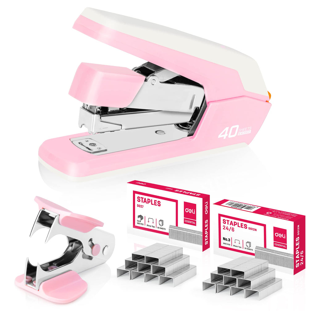 Deli Effortless Desktop Stapler, Heavy Duty Stapler, 40 Sheet Capacity, One Finger, No Effort, Includes Staples & Staple Remover, Pink