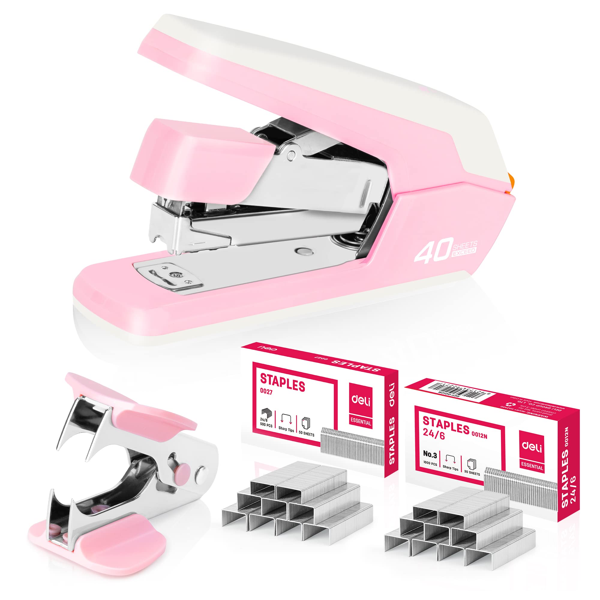 Deli Effortless Desktop Stapler, Heavy Duty Stapler, 40 Sheet Capacity, One Finger, No Effort, Includes Staples & Staple Remover, Pink