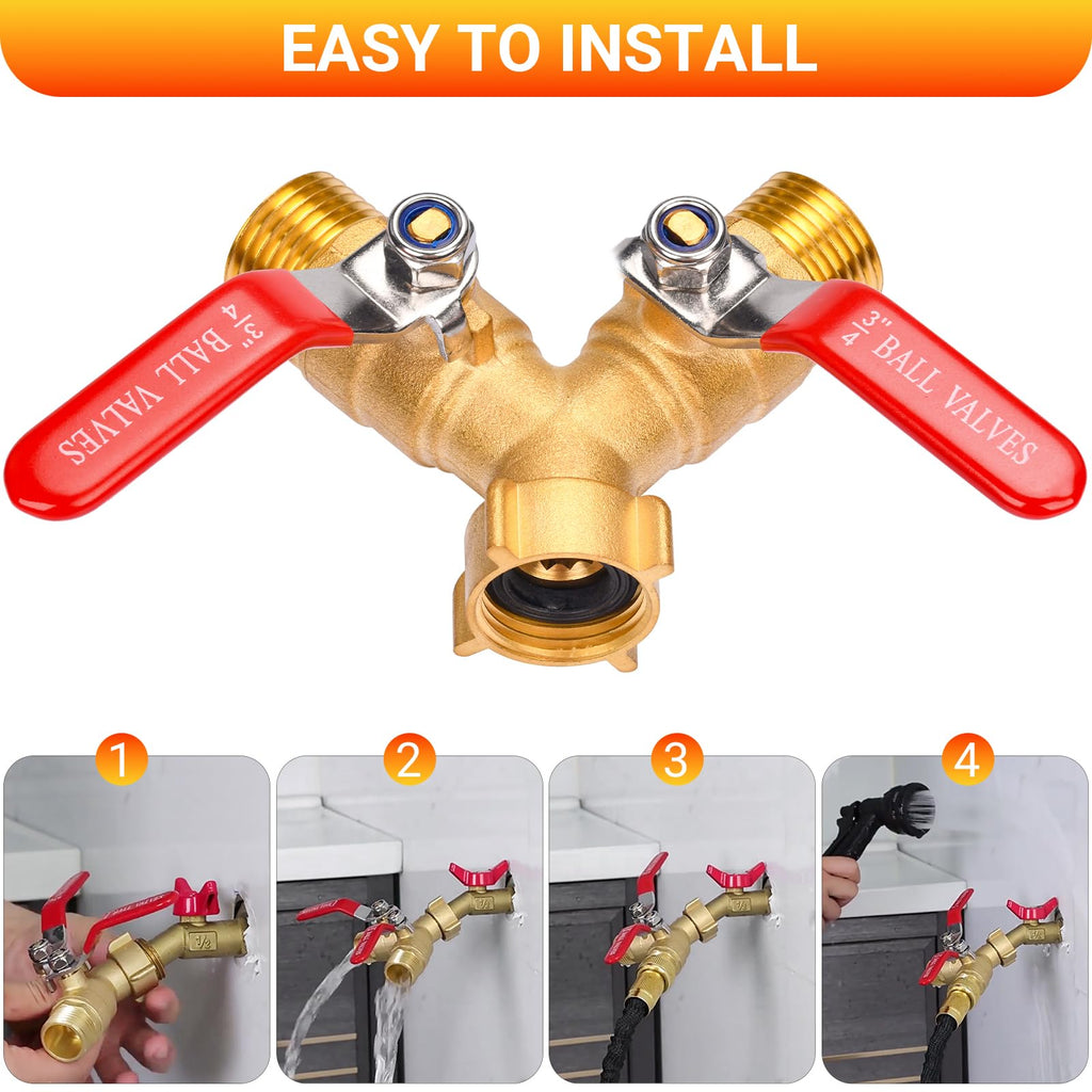 XIBETEO Heavy Duty Brass Garden Hose Splitter 2 Way with Stainless Steel Long Handle 3/4" GHT Thread Hose Y Valve Garden Hose Connector with Seal Tape and Washers