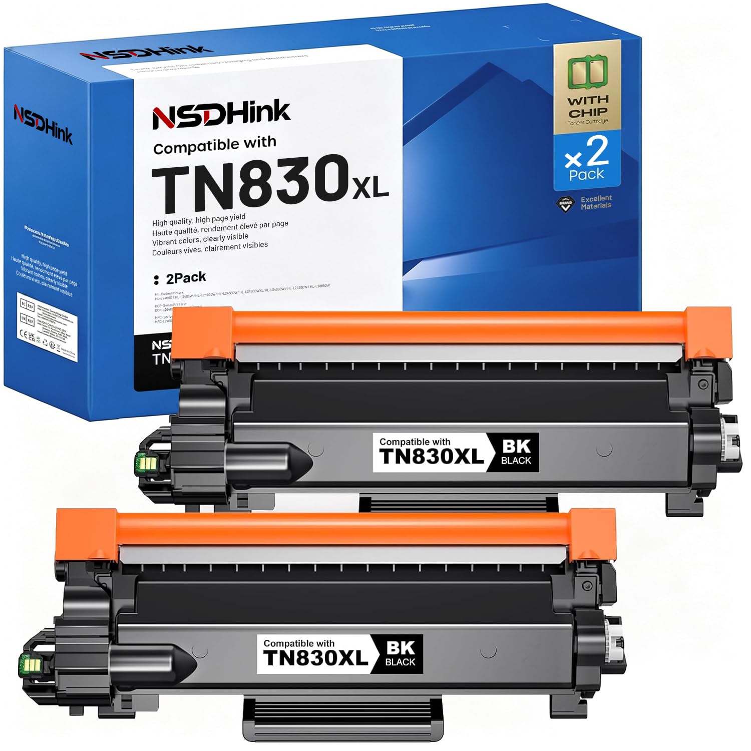 NSDHInk TN830XL Toner Cartridges High Yield with Chip Replacement for Brotner TN830XL TN830 XL Black for Brotner DCP-L2640DW HL-L2460DW MFC-L2820DW HL-L2400D HL-L2405W HL-L2865DW Toner (2 Pack)