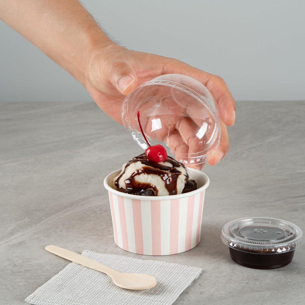 Coppetta 5-Ounce Dessert Cups, 50 Disposable Ice Cream Cups - Lids Sold Separately, Striped, Pink and White Paper FroYo Bowls, for Hot and Cold Foods, Perfect for Gelato Or Mousse - Restaurantware