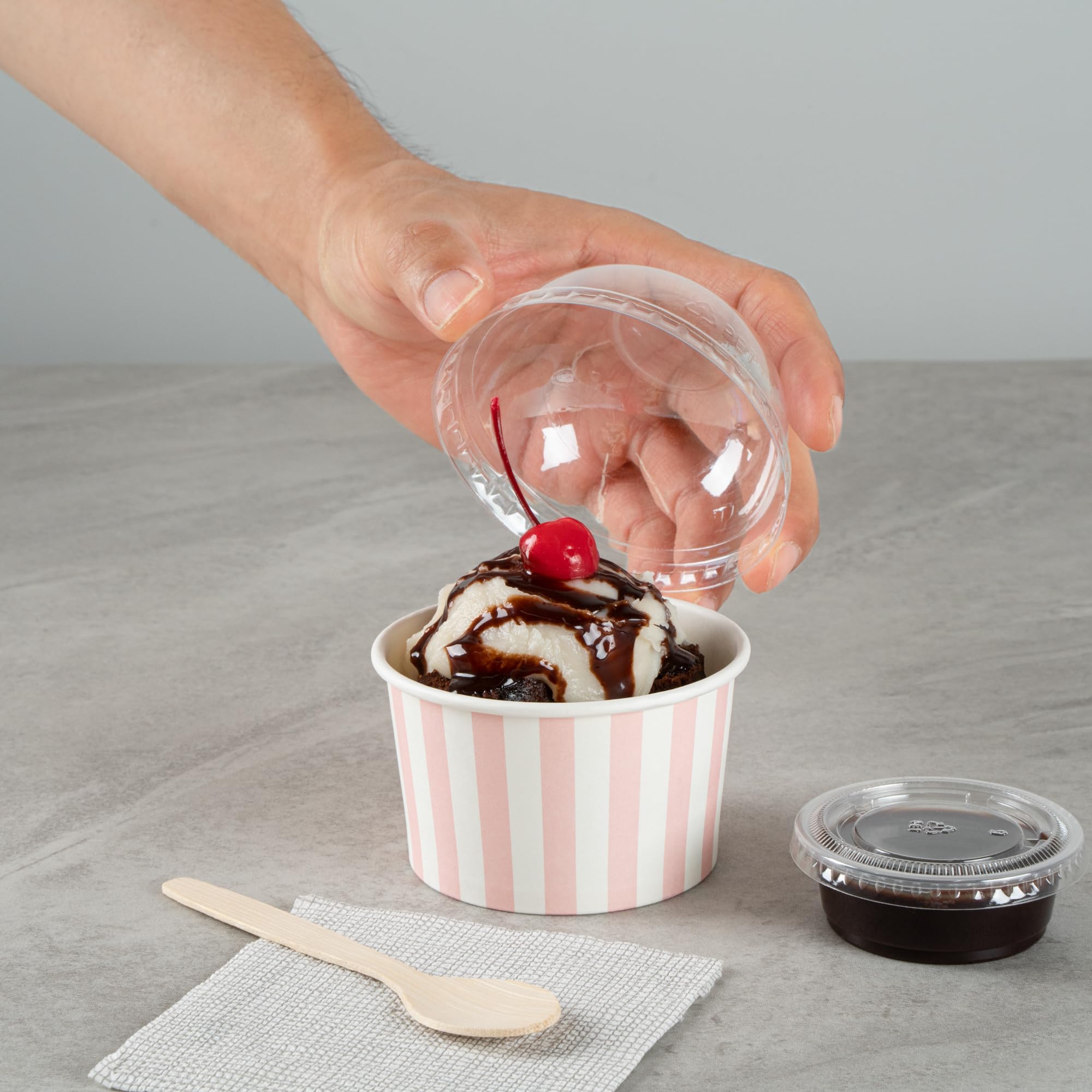 Coppetta 5-Ounce Dessert Cups, 50 Disposable Ice Cream Cups - Lids Sold Separately, Striped, Pink and White Paper FroYo Bowls, for Hot and Cold Foods, Perfect for Gelato Or Mousse - Restaurantware