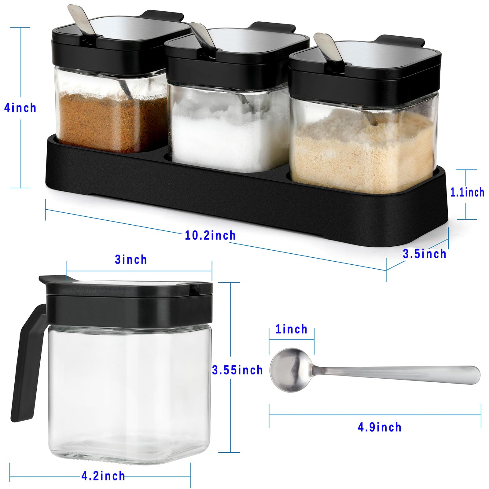 Mlici Condiment Jar Spice Container Set of 3 with Lids & Spoons, 255ml Clear Glass Condiment Canisters Pots Seasoning Box, Salt Container Sugar Bowl for Kitchen, Counter, Food Storage (Black)