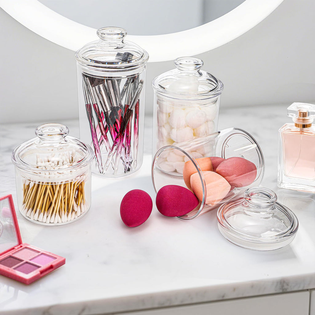DEAYOU 4 Pack Clear Plastic Apothecary Jars, Plastic Storage Jar Canister with Airtight Lid, Cotton Qtip Holder Bathroom, Candy Cookie Container Organizer for Bath Salt, Pad, Vanity,33 Oz/23 Oz/13 Oz