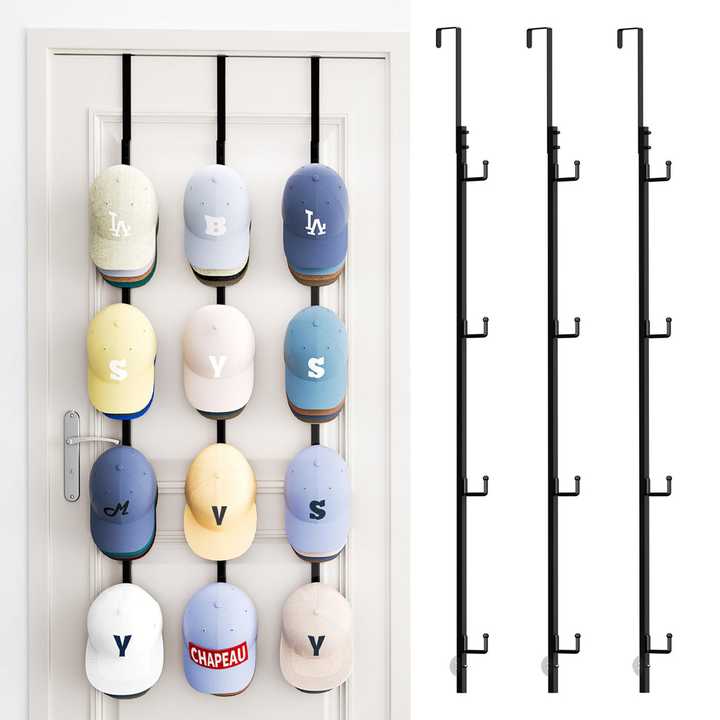 SWTYMIKI Over Door Hat Organizer - 3 Packs Metal Hanging Hat Rack with 12 Hooks Design, Hat Racks for Baseball Caps Hanger Organizer Storage Holds up to 60 Caps for Door, Bedroom, Closet