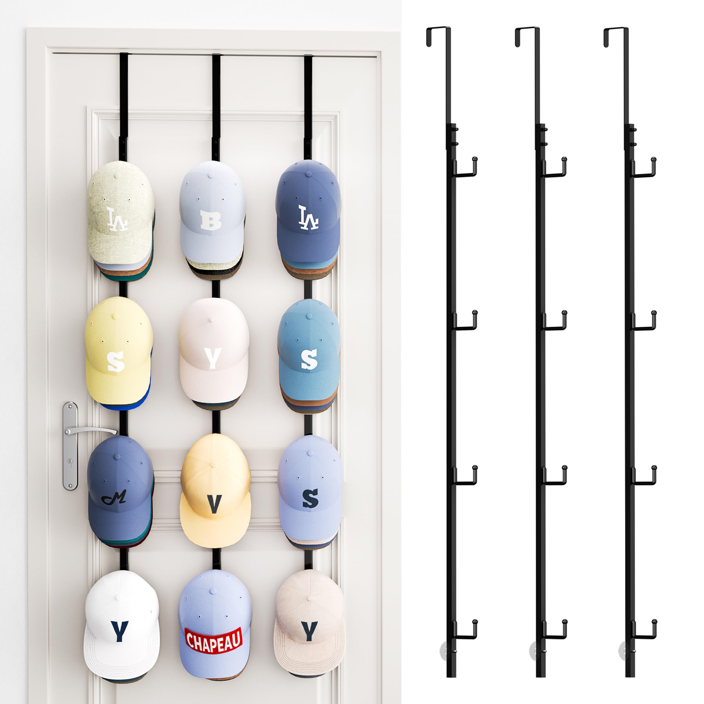 SWTYMIKI Over Door Hat Organizer - 3 Packs Metal Hanging Hat Rack with 12 Hooks Design, Hat Racks for Baseball Caps Hanger Organizer Storage Holds up to 60 Caps for Door, Bedroom, Closet