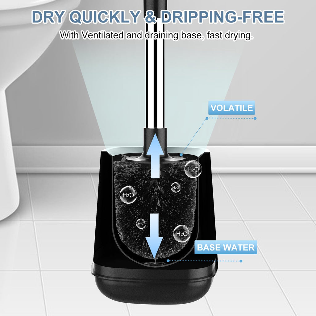 SetSail Toilet Brush and Holder 2 Pack, Self Closing Lid Toilet Bowl Brushes Holder and Extra Long Handle Ventilated Toilet Brush Set for Bathroom Cleaning, Nylon Bristles, Black