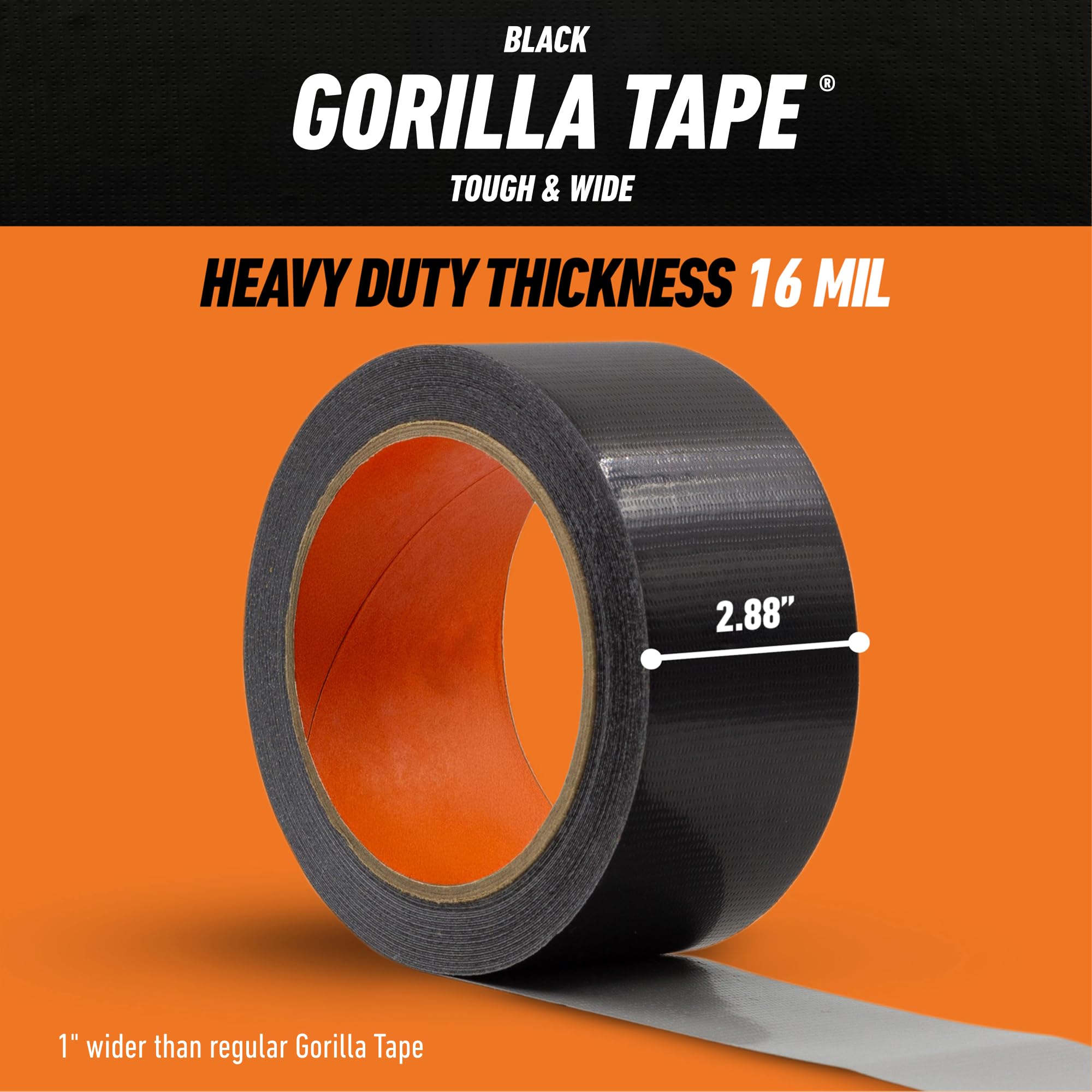 Gorilla Tough & Wide Utility Tape, Duct Tape, Double-Thick Adhesive, All Weather Resistant Shell, Reinforced Backing, Black, 2.8 in x 25 yd (Pack of 1)