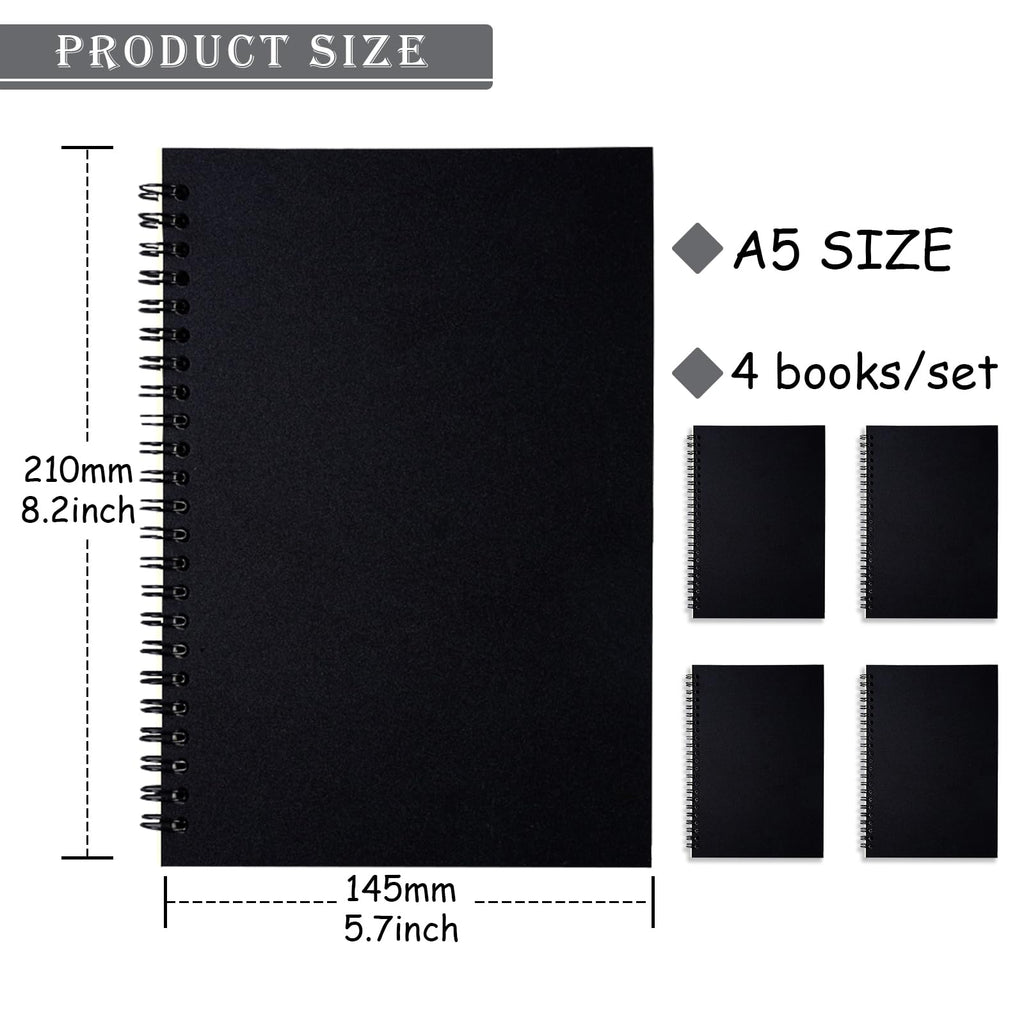 A5 Spiral Lined Notepad,4 Pack Spiral Notebook Wirebound Notebooks 80 Sheets(160 Pages)/Per Pack A5 Sketch Book Reporters Notepad for Office Travel School Drawing Black