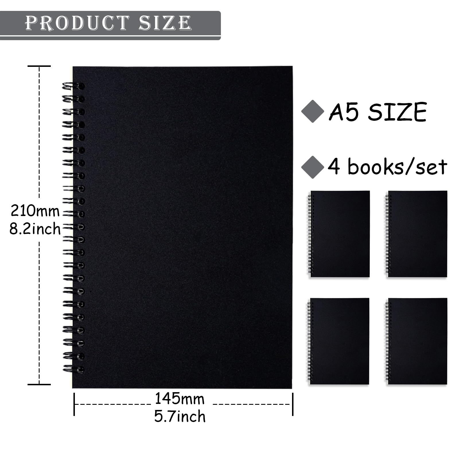 A5 Spiral Lined Notepad,4 Pack Spiral Notebook Wirebound Notebooks 80 Sheets(160 Pages)/Per Pack A5 Sketch Book Reporters Notepad for Office Travel School Drawing Black