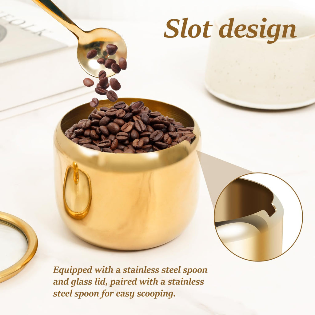 Spice Jar 304 Stainless Steel Sugar Container 10oz Sugar Jar with Clear Glass Lid and Spoon Gold Sugar jar Dishwasher Safe Seasoning Box Condiment Pot for Salt Candy Coffee Bean