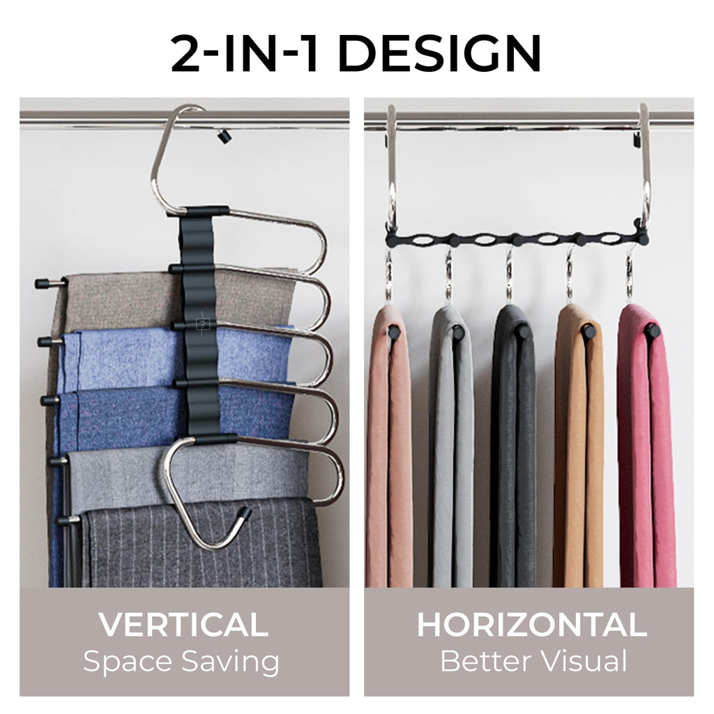 MORALVE Pants Hangers Space Saving - 4 Pack - Non-Slip Multi-Layer Space Saving Hangers - Multifunctional Clothing Rack for Closet Storage - Ideal for Jeans, Trousers, Skirts, Scarves & Slacks (Black)