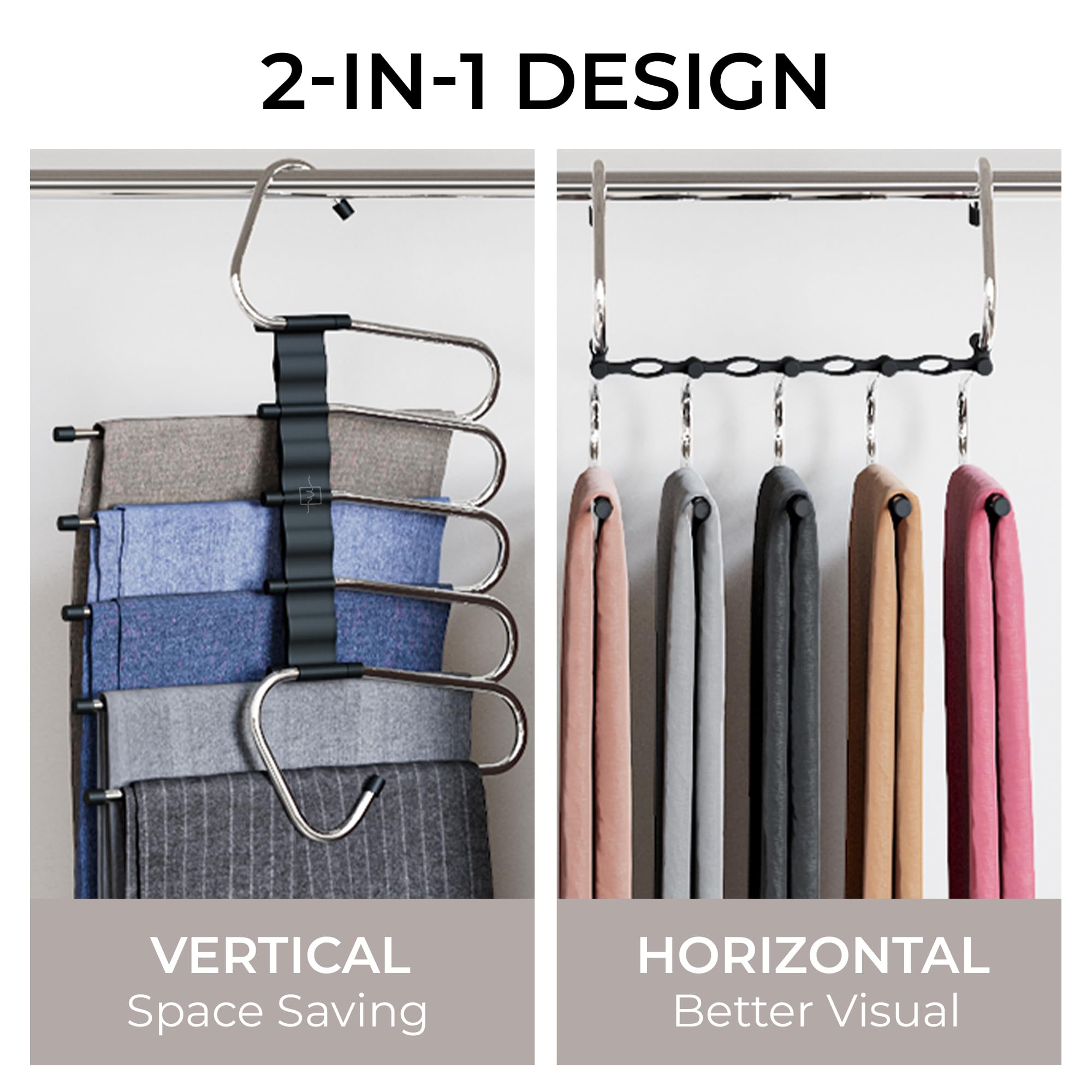 MORALVE Pants Hangers Space Saving - 4 Pack - Non-Slip Multi-Layer Space Saving Hangers - Multifunctional Clothing Rack for Closet Storage - Ideal for Jeans, Trousers, Skirts, Scarves & Slacks (Black)