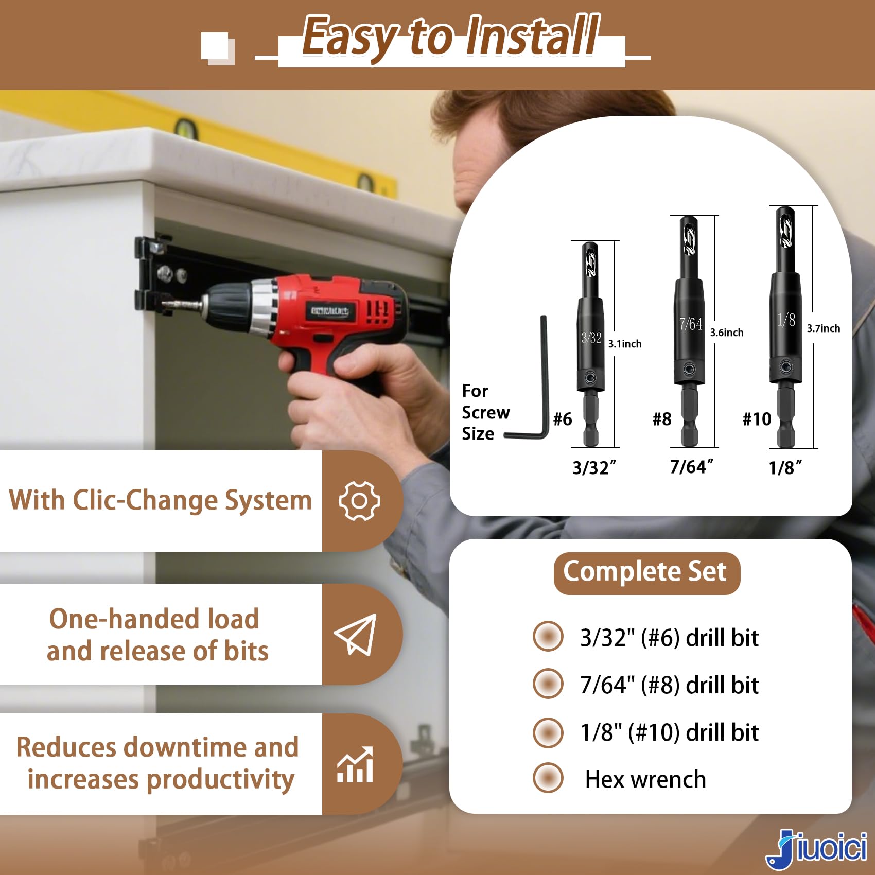 Upgraded Self Centering Hinge Drill Bit Set 3/32", 7/64", 1/8" for 1/4 in VIX Bit Hex Shank Drill, CC2430 for Hinge and Wood, Drill Pilot Holes, Ultra-Hard Steel, High Precision & Durable