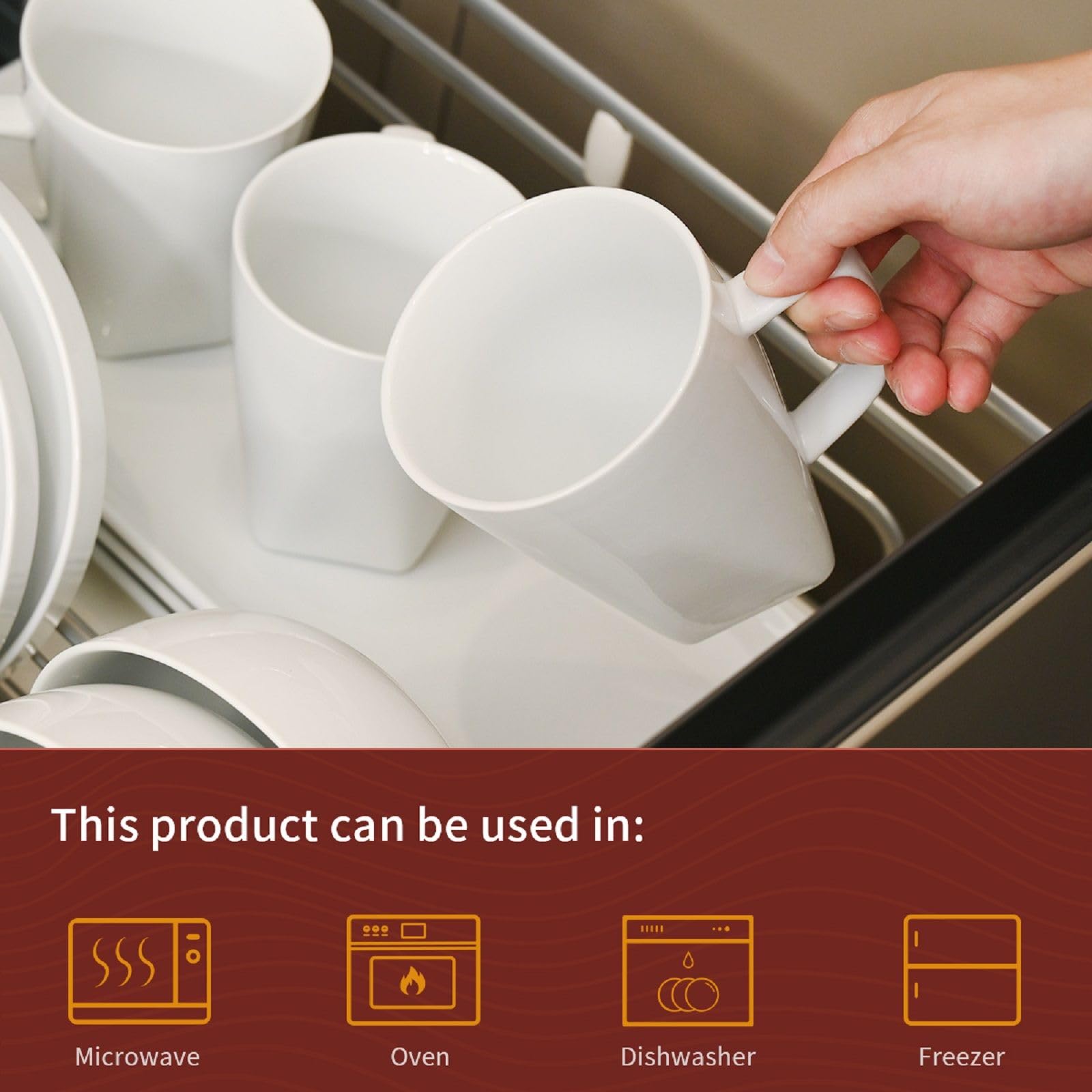 WishDeco White Coffee Mugs Set of 6, Ceramic Coffee Cups 14 oz / 400 ml, Modern Tea Mugs, Porcelain Tea Cups, Large Mug for Latte, Cappuccino, Milk, Juice, Square Bottom, Microwave and Dishwasher Safe