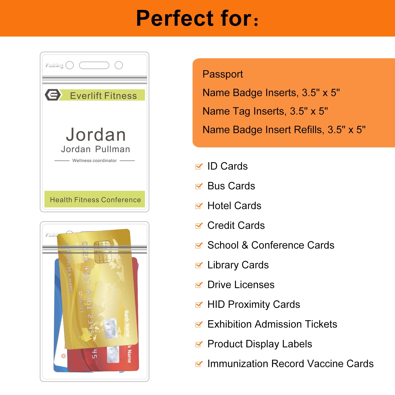 Fushing Pack of 50 Clear Plastic Vertical Badge Holders, Name Tag Holders, Card Holders (XL)