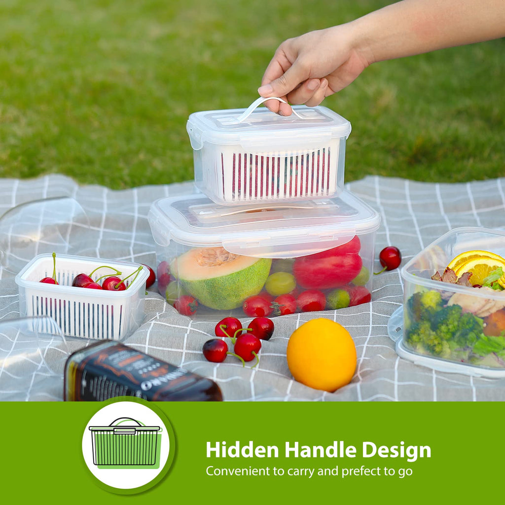 5Pack Fresh Food Storage Containers Fridge,Luxear Microwave Dishwasher Safe Produce Saver Box with Handle,Drain Baskets&Lid,BPA Free Fresh Keeper Refrigerator Organizer for Fruits,Vegetable,White
