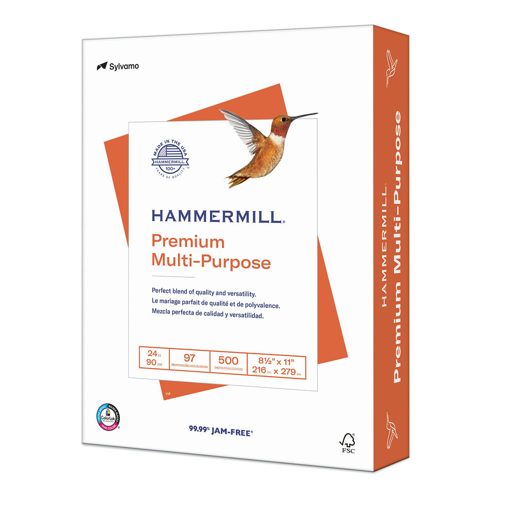 Hammermill Copy Paper, Premium Multipurpose, 8.5 x 11, White, 24lb - 1 Ream / 500 Sheets (105810R)