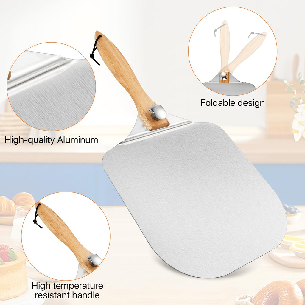 Worldity 4 Pcs Pizza Oven Accessories Set, Stainless Steel Pizza Peel, Foldable Pizza Spatula with Pizza Cutter and Shovel, Pizza Paddle for Baking Pizza, Bread, Pastry