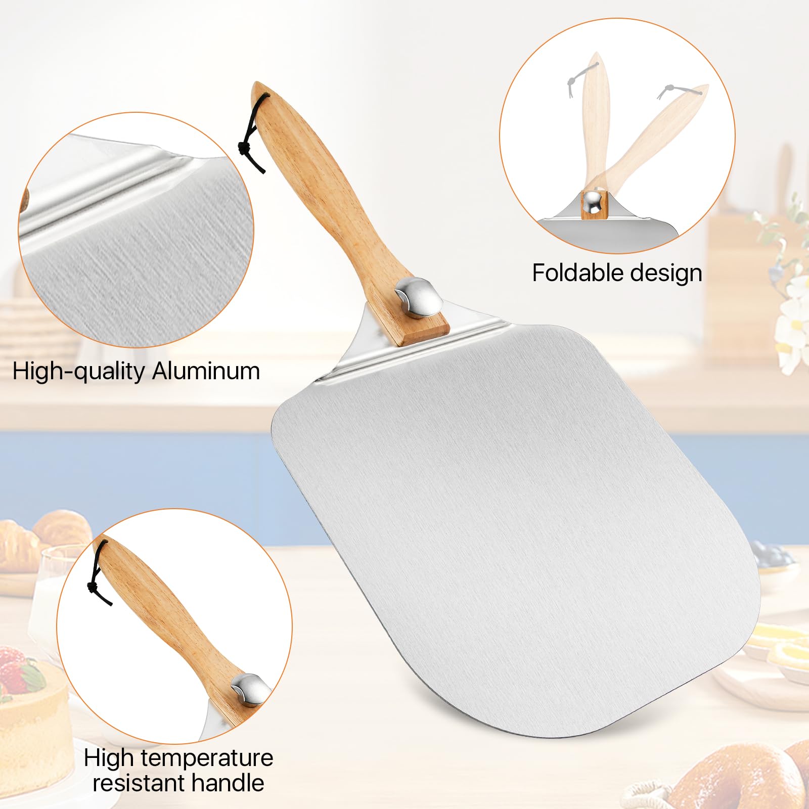 Worldity 4 Pcs Pizza Oven Accessories Set, Stainless Steel Pizza Peel, Foldable Pizza Spatula with Pizza Cutter and Shovel, Pizza Paddle for Baking Pizza, Bread, Pastry