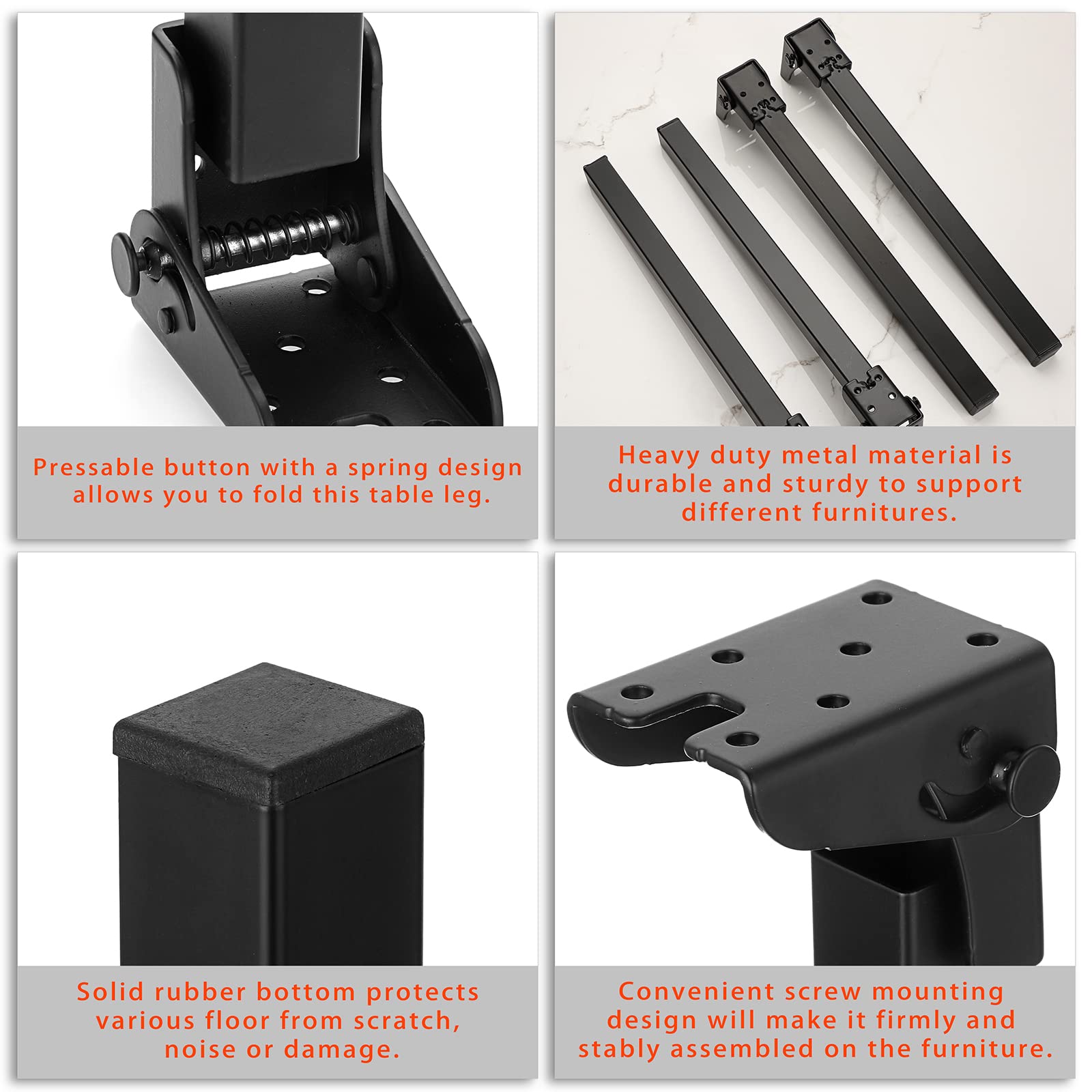 JuxYes 4 PCS Metal Folding Table Legs, Foldable Furniture Legs Heavy Duty Hairpin Table Legs Desk Legs Height 400mm/16 inch with Mounting Screws, Black