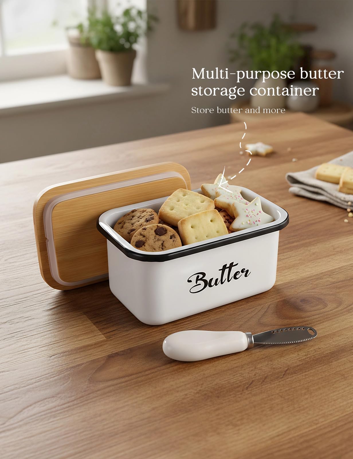 Butter Dish with Lid: Metal Beurrier Butter Dish for 1 LB of Canadian Butter - Airtight Large Capacity Butter Keeper Butter Container with Knife - Butter Holder for Countertop - White