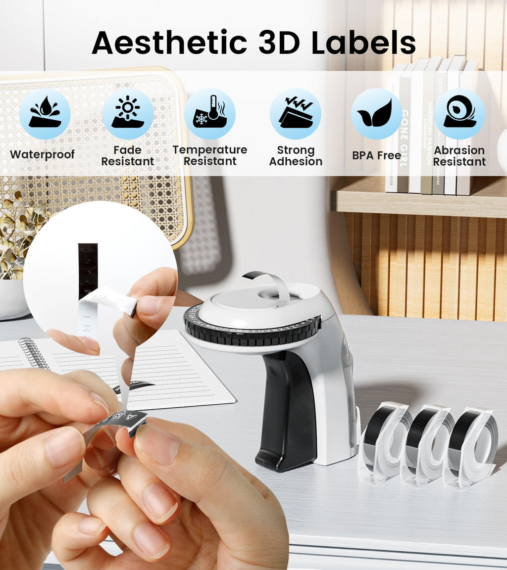 EazeID Embossing Label Maker Machine with Tapes, Vintage Embossed Label Maker, Retro Embosser Labeler with 3 Rolls Labels Waterproof for Home Office Kids DIY Crafting Scrapbooking Supplies, Black