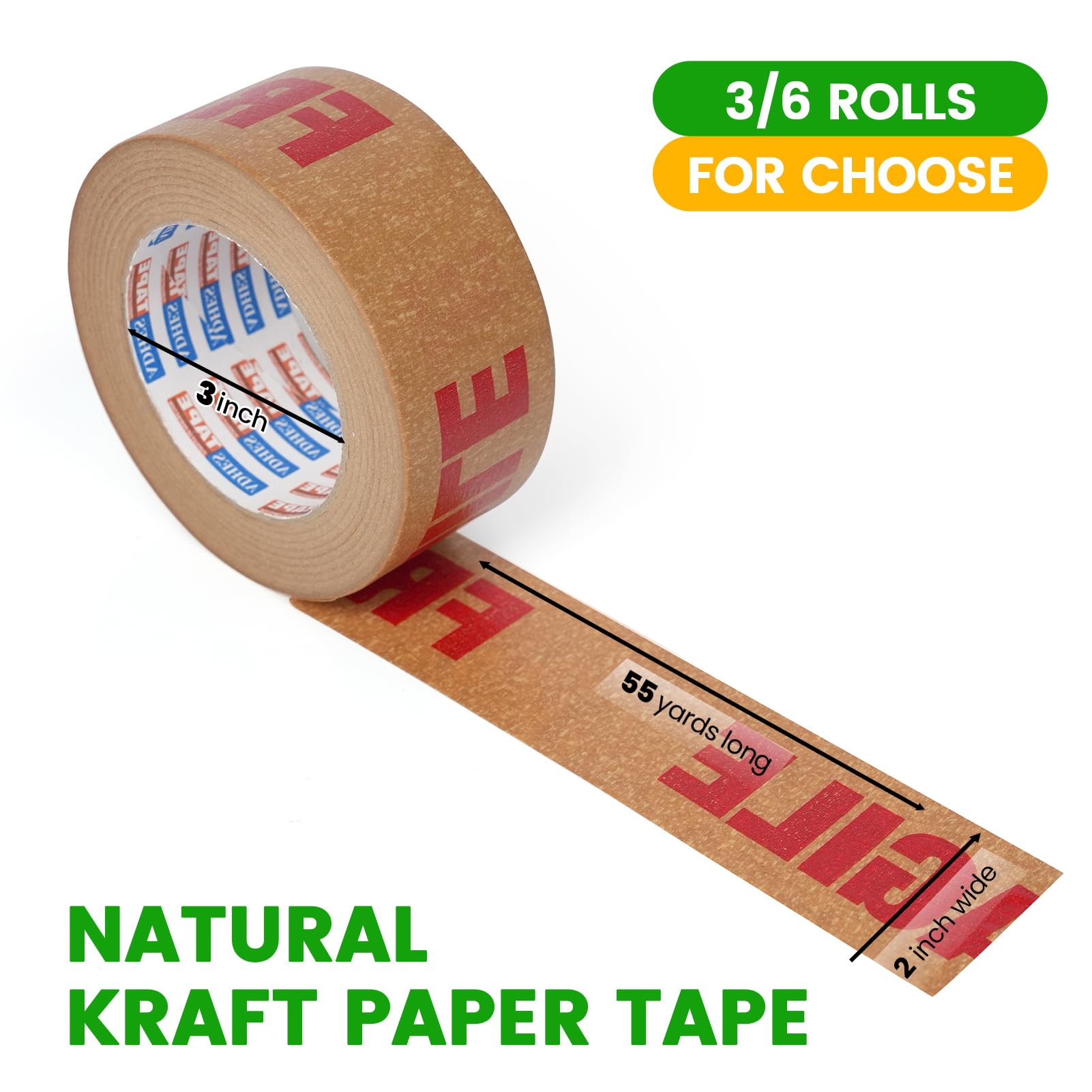ADHES Fragile Tape Kraft Paper Tape - 2in x 55yds, 3 Rolls, Strong Adhesive, Eco-Friendly Biodegradable Paper Packing Tape for Shipping & Moving, Heavy Duty Protection for Fragile Items