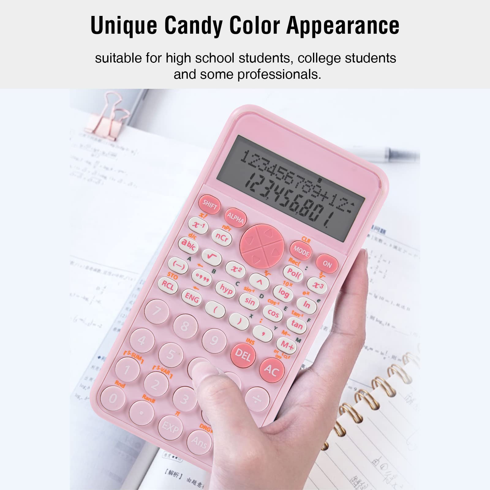 EooCoo 2-Line Standard Scientific Calculator, Portable and Cute School Office Supplies, Suitable for Primary School to College Student Use - Pink