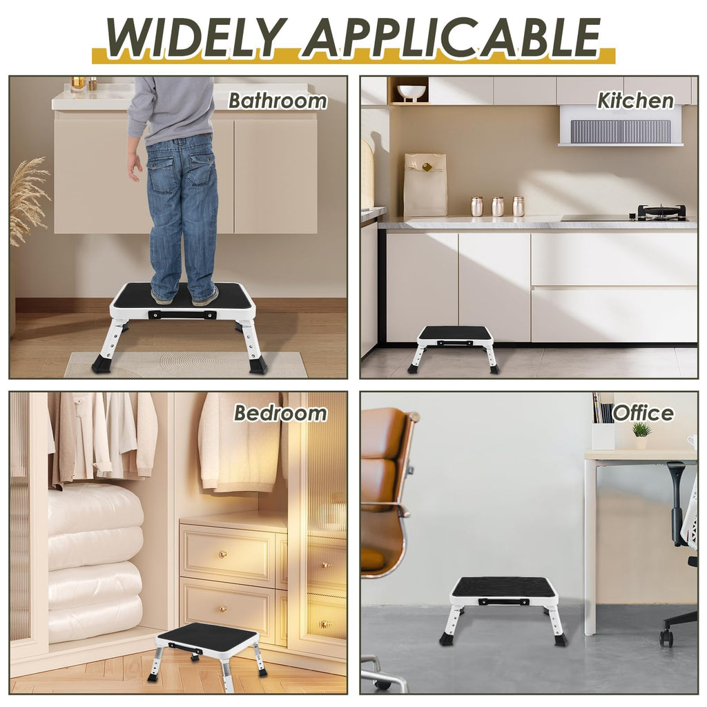 IKKAKOI Folding Step Stool, Height-Adjustable Step Stool with Non-Slip Platform, Step Ladder for Adults or Kids in Kitchen, Home, 500 Lbs Capacity
