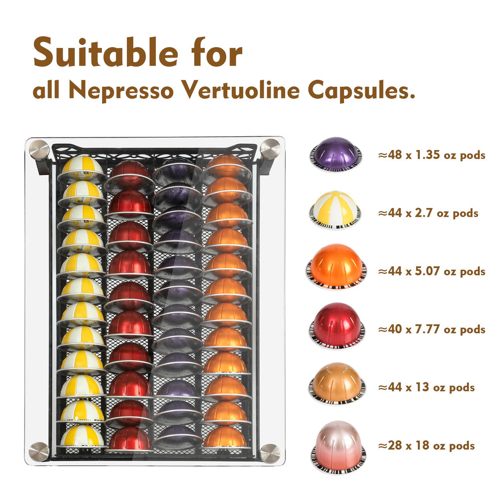 RECAPS Crystal Tempered Glass Organizer Drawer Holder Compatible with Nespresso Vertuo Capsules, K Cup Pod Drawer Coffee Maker Machine Stand.