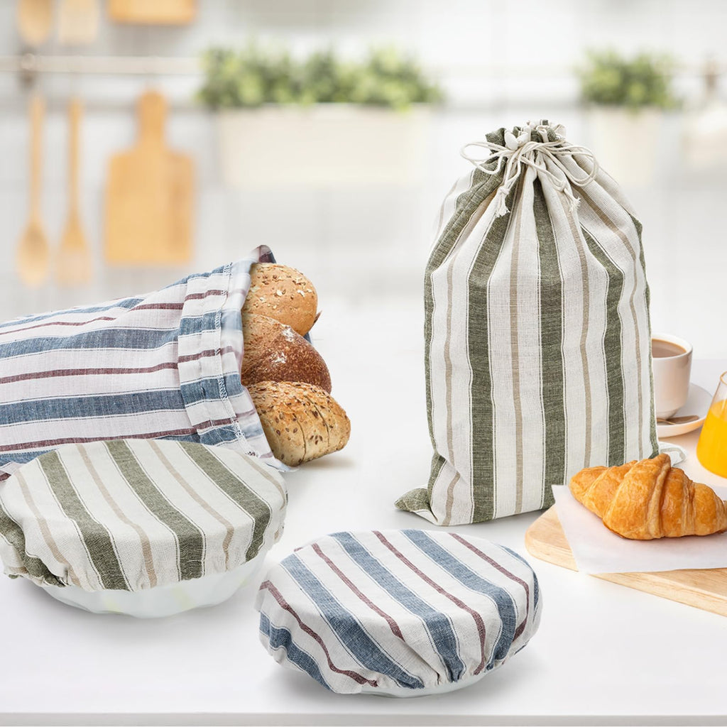 Elsjoy Set of 2 Linen Bread Bags with Bowl Covers, 18 x 12 Inch Reusable Linen Bread Storage Bag for Homemade Bread, Large Sourdough Bag with Plastic Lining for Loaf, Artisan Bread