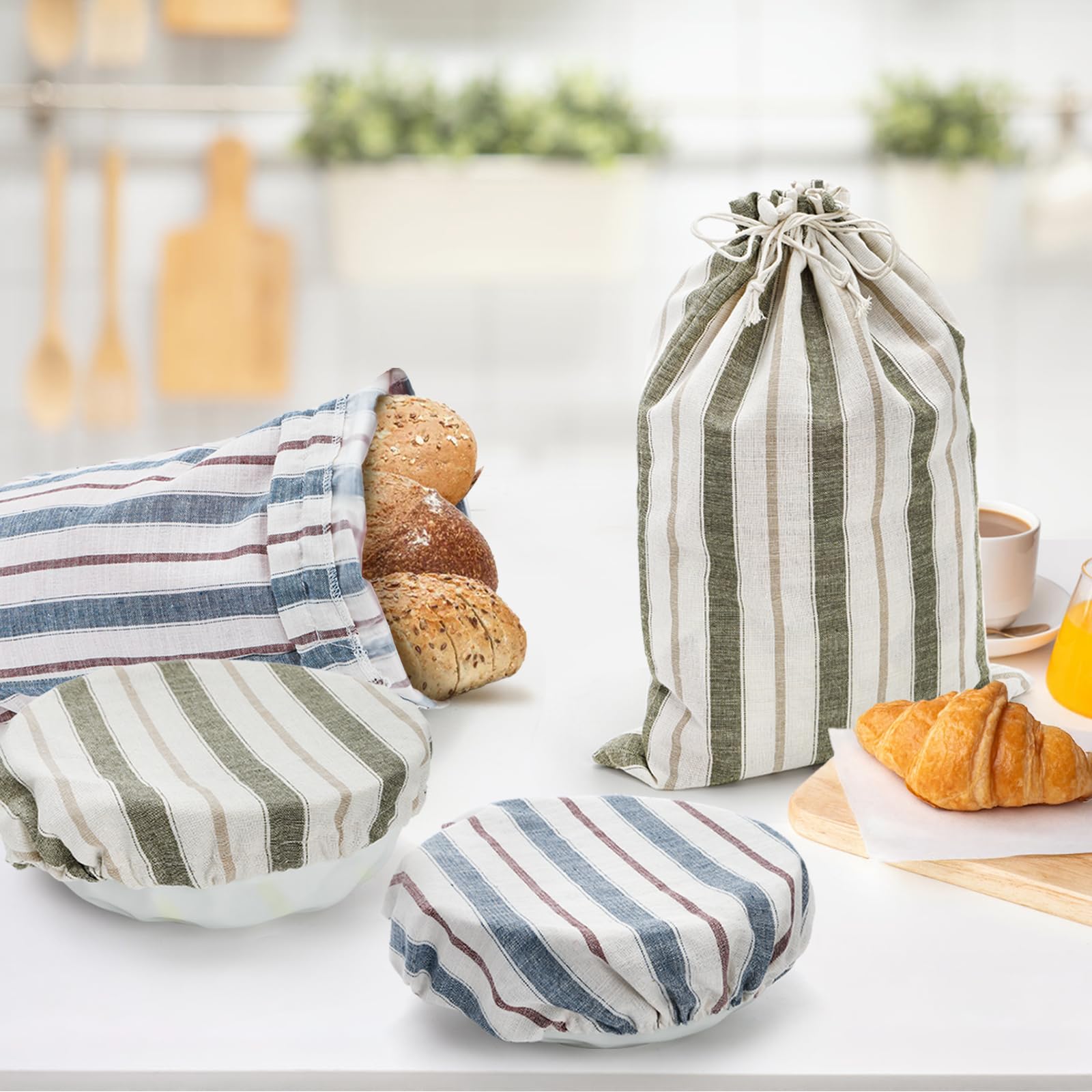 Elsjoy Set of 2 Linen Bread Bags with Bowl Covers, 18 x 12 Inch Reusable Linen Bread Storage Bag for Homemade Bread, Large Sourdough Bag with Plastic Lining for Loaf, Artisan Bread