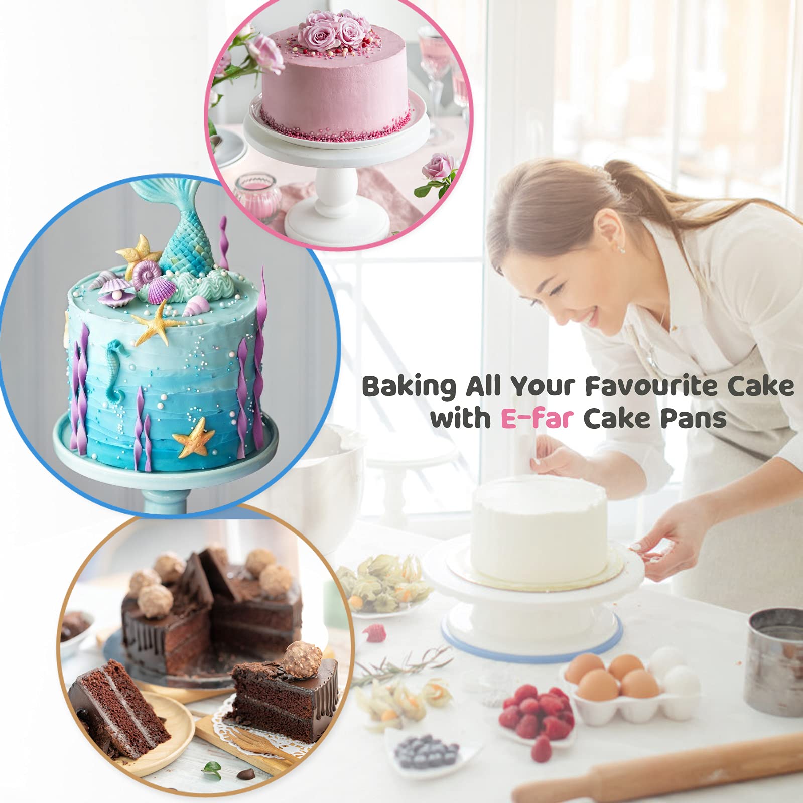 8 Inch Cake Pan Set of 3, E-far Stainless Steel Round Layer Cake Baking Pans, Non-Toxic & Healthy, Mirror Finish & Dishwasher Safe